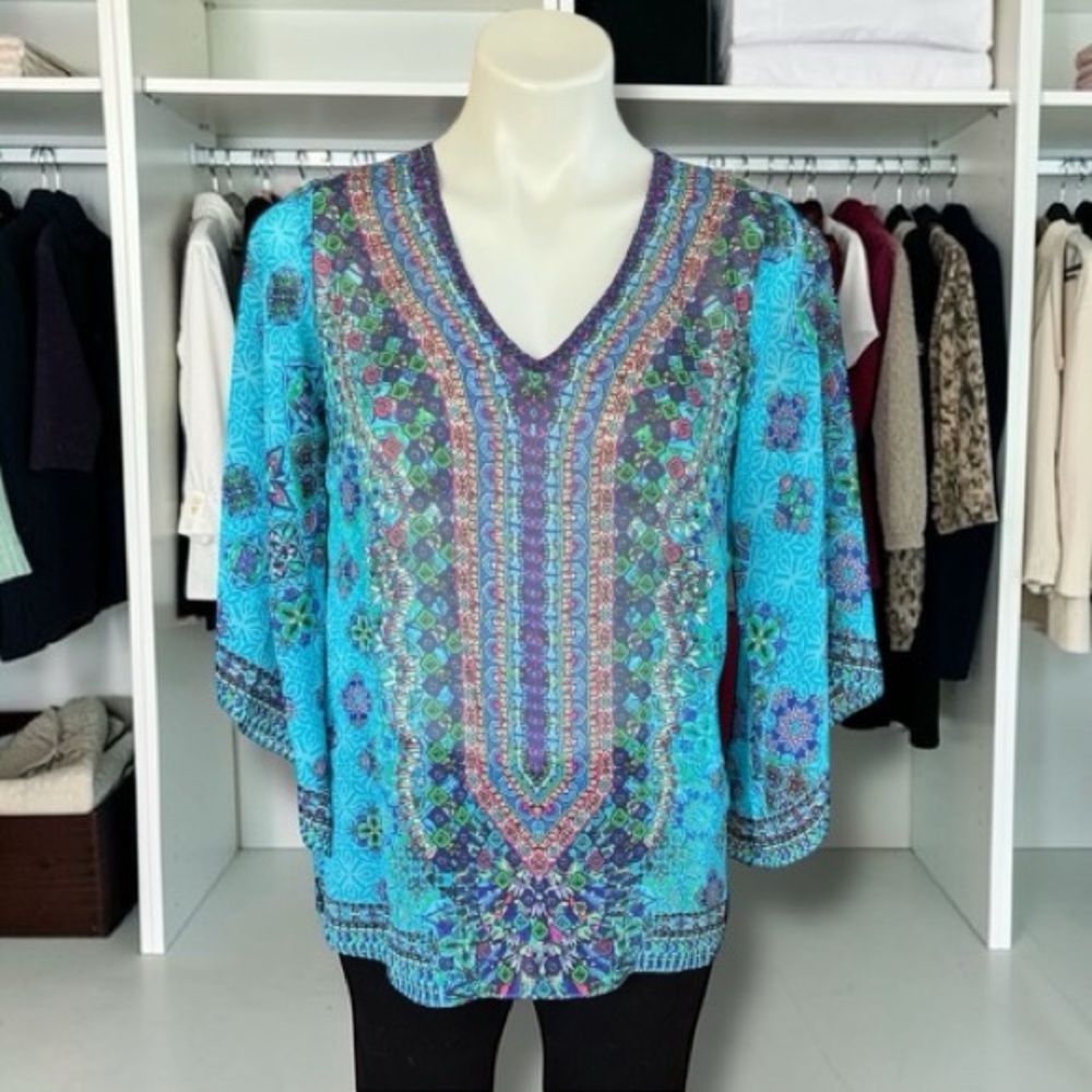 belle Kim Carvel Mid-Sleeve Chiffon-Style Tunic Turquoise Sheer Blouse Sz XXS